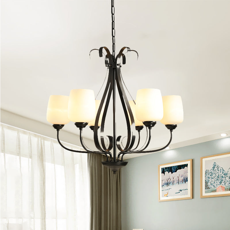 Cream Glass Tulip Chandelier Lamp Vintage 3/6/8 Bulbs Dining Room Pendant in Black with Raindrop Cage Clearhalo 'Ceiling Lights' 'Chandeliers' Lighting' options 1454637