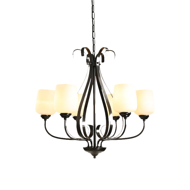 Cream Glass Tulip Chandelier Lamp Vintage 3/6/8 Bulbs Dining Room Pendant in Black with Raindrop Cage Clearhalo 'Ceiling Lights' 'Chandeliers' Lighting' options 1454638