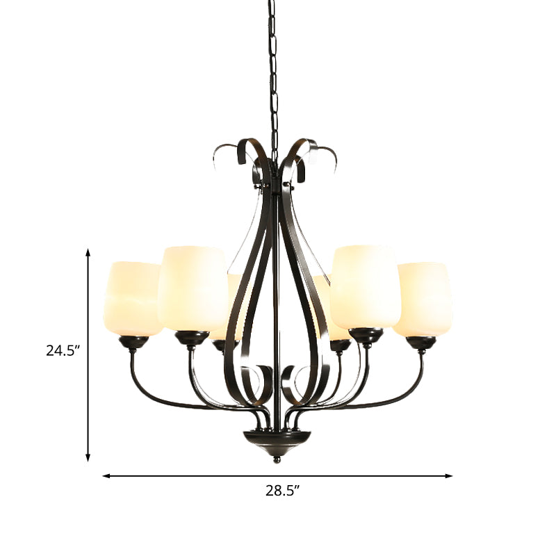 Cream Glass Tulip Chandelier Lamp Vintage 3/6/8 Bulbs Dining Room Pendant in Black with Raindrop Cage Clearhalo 'Ceiling Lights' 'Chandeliers' Lighting' options 1454639