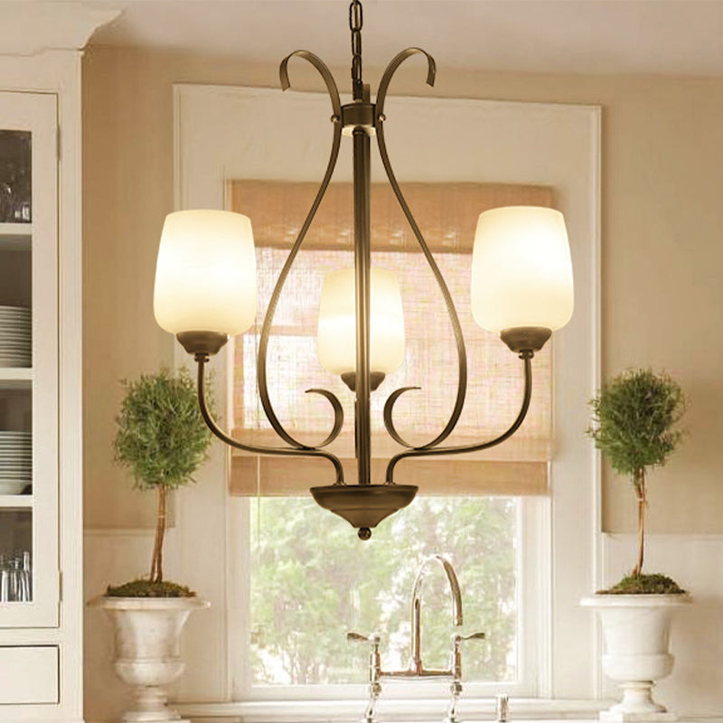 Cream Glass Tulip Chandelier Lamp Vintage 3/6/8 Bulbs Dining Room Pendant in Black with Raindrop Cage Clearhalo 'Ceiling Lights' 'Chandeliers' Lighting' options 1454640