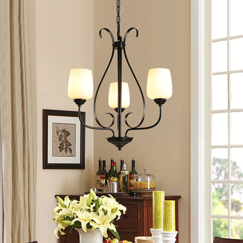 Cream Glass Tulip Chandelier Lamp Vintage 3/6/8 Bulbs Dining Room Pendant in Black with Raindrop Cage 3 Black Clearhalo 'Ceiling Lights' 'Chandeliers' Lighting' options 1454641_6625ba22-7e70-4428-bede-fb505f50c0d5