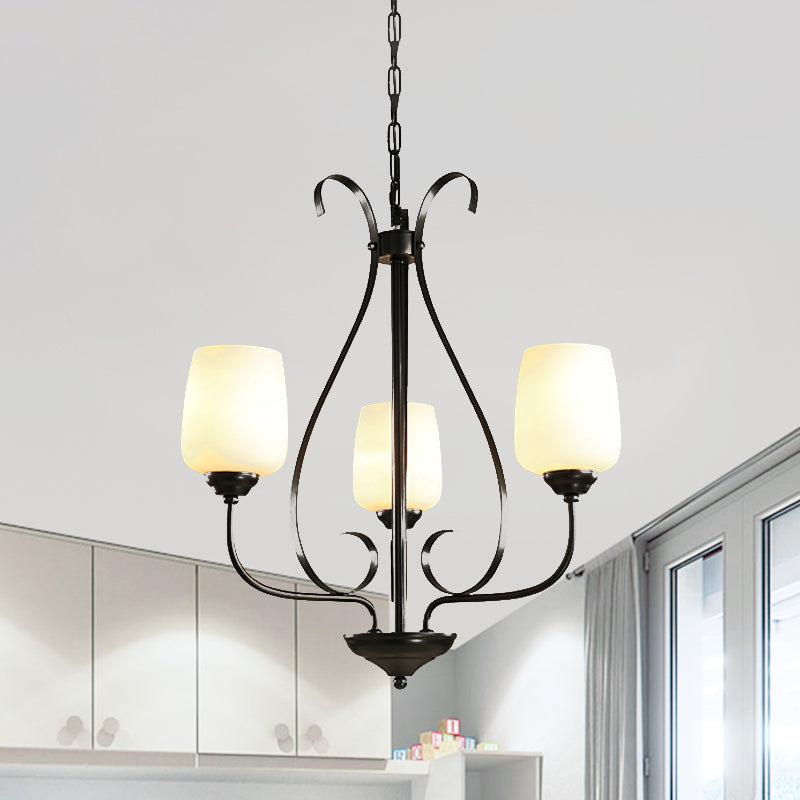 Cream Glass Tulip Chandelier Lamp Vintage 3/6/8 Bulbs Dining Room Pendant in Black with Raindrop Cage Clearhalo 'Ceiling Lights' 'Chandeliers' Lighting' options 1454642