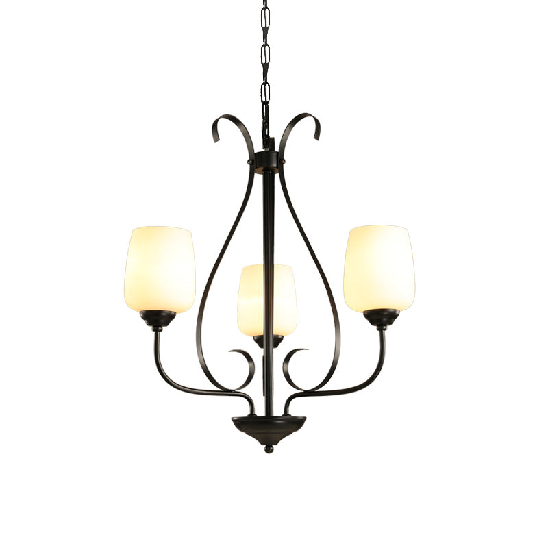 Cream Glass Tulip Chandelier Lamp Vintage 3/6/8 Bulbs Dining Room Pendant in Black with Raindrop Cage Clearhalo 'Ceiling Lights' 'Chandeliers' Lighting' options 1454643