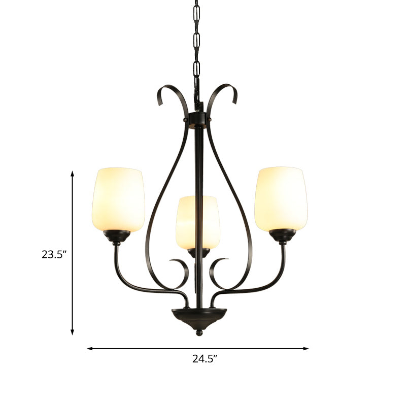 Cream Glass Tulip Chandelier Lamp Vintage 3/6/8 Bulbs Dining Room Pendant in Black with Raindrop Cage Clearhalo 'Ceiling Lights' 'Chandeliers' Lighting' options 1454644