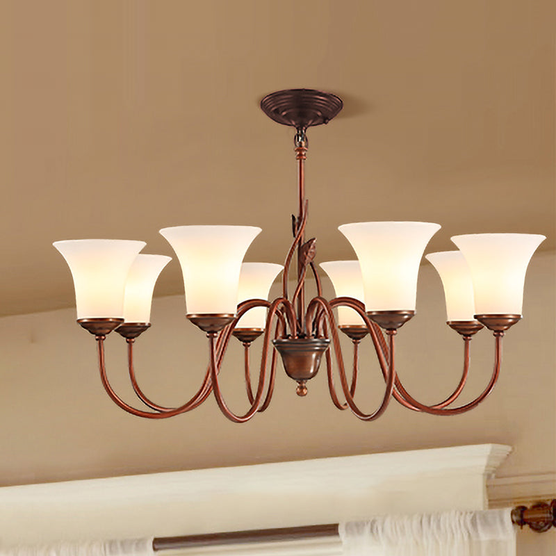 Coffee 8 Lights Pendant Chandelier Vintage Milky Glass Flared Ceiling Suspension Lamp for Living Room Clearhalo 'Ceiling Lights' 'Chandeliers' Lighting' options 1454647