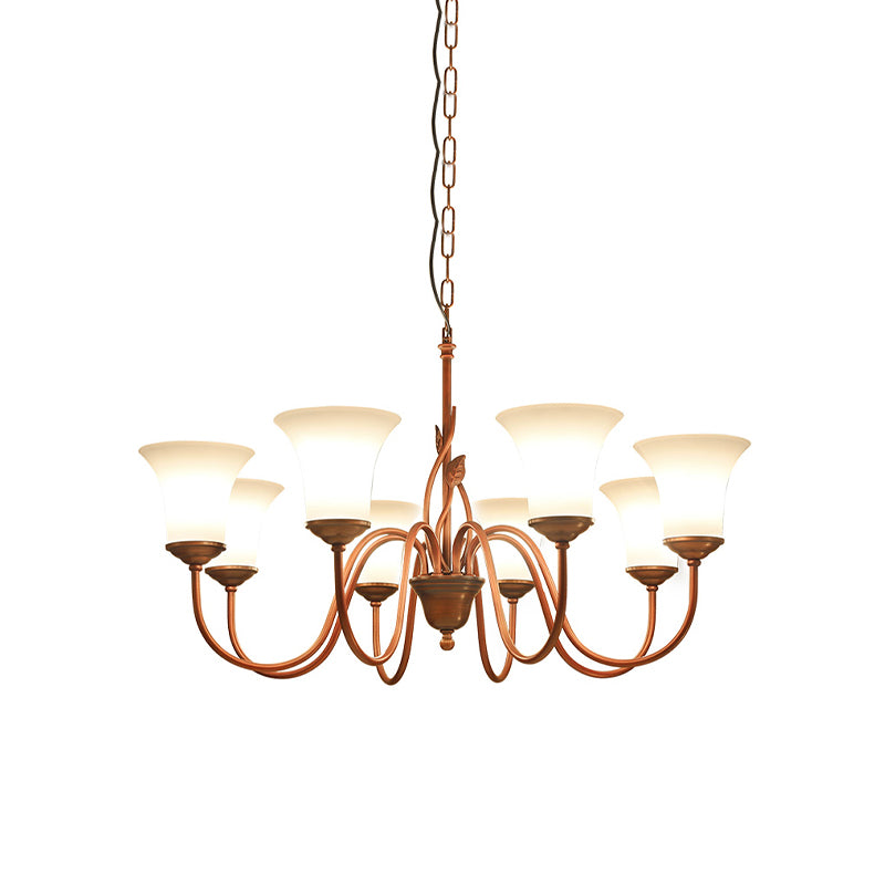 Coffee 8 Lights Pendant Chandelier Vintage Milky Glass Flared Ceiling Suspension Lamp for Living Room Clearhalo 'Ceiling Lights' 'Chandeliers' Lighting' options 1454648