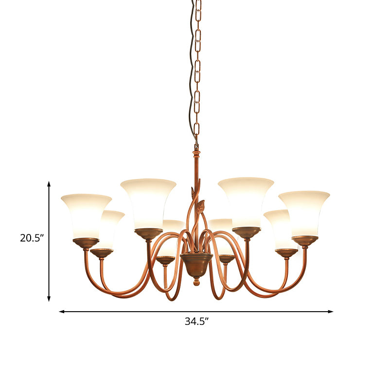 Coffee 8 Lights Pendant Chandelier Vintage Milky Glass Flared Ceiling Suspension Lamp for Living Room Clearhalo 'Ceiling Lights' 'Chandeliers' Lighting' options 1454649