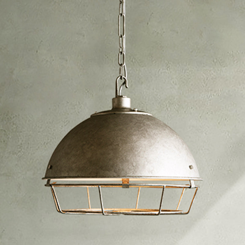 Aged Silver/Black 1-Bulb Pendant Industrial Iron Bowl Shape Hanging Light Fixture with Hooded Cage for Restaurant Clearhalo 'Art Deco Pendants' 'Black' 'Cast Iron' 'Ceiling Lights' 'Ceramic' 'Crystal' 'Industrial Pendants' 'Industrial' 'Metal' 'Middle Century Pendants' 'Pendant Lights' 'Pendants' 'Rustic Pendants' 'Tiffany' Lighting' 1454665