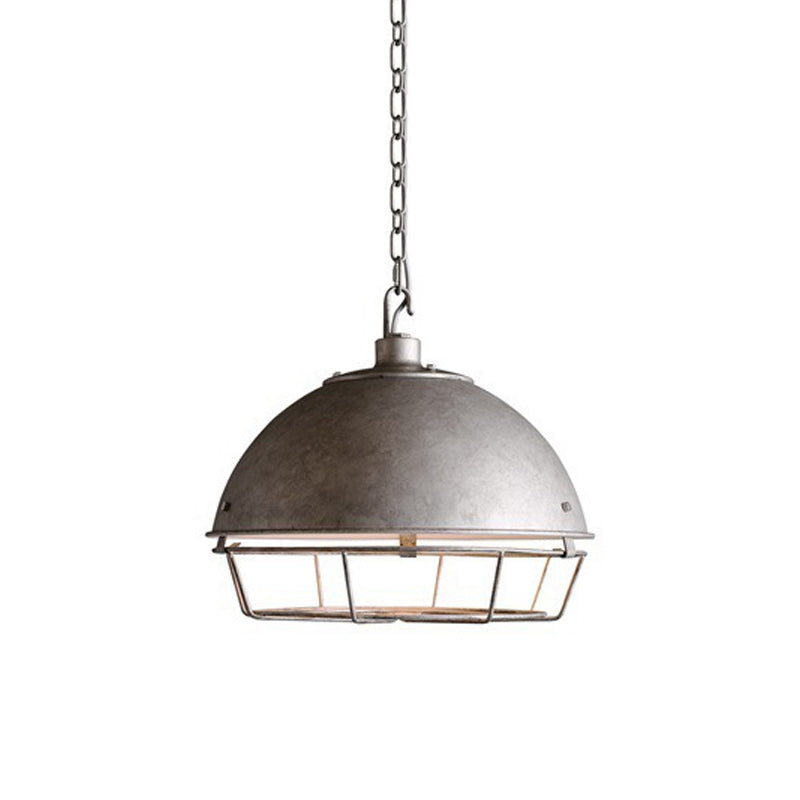 Aged Silver/Black 1-Bulb Pendant Industrial Iron Bowl Shape Hanging Light Fixture with Hooded Cage for Restaurant Clearhalo 'Art Deco Pendants' 'Black' 'Cast Iron' 'Ceiling Lights' 'Ceramic' 'Crystal' 'Industrial Pendants' 'Industrial' 'Metal' 'Middle Century Pendants' 'Pendant Lights' 'Pendants' 'Rustic Pendants' 'Tiffany' Lighting' 1454668