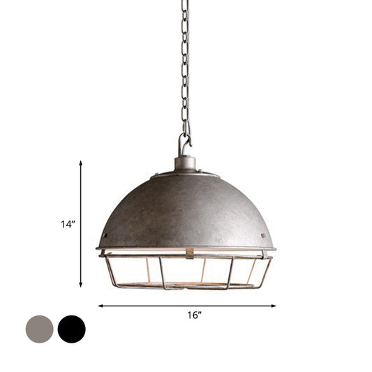 Aged Silver/Black 1-Bulb Pendant Industrial Iron Bowl Shape Hanging Light Fixture with Hooded Cage for Restaurant Clearhalo 'Art Deco Pendants' 'Black' 'Cast Iron' 'Ceiling Lights' 'Ceramic' 'Crystal' 'Industrial Pendants' 'Industrial' 'Metal' 'Middle Century Pendants' 'Pendant Lights' 'Pendants' 'Rustic Pendants' 'Tiffany' Lighting' 1454669