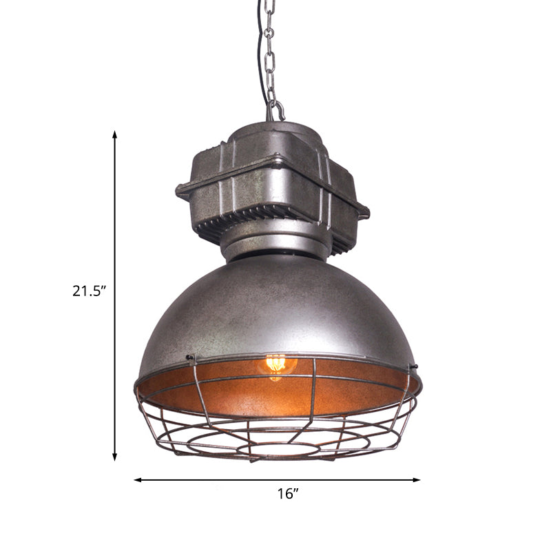Aged Silver Bowl Ceiling Pendant Industrial Style Iron 1 Light Restaurant Drop Lamp with Wire Guard Clearhalo 'Art Deco Pendants' 'Cast Iron' 'Ceiling Lights' 'Ceramic' 'Crystal' 'Industrial Pendants' 'Industrial' 'Metal' 'Middle Century Pendants' 'Pendant Lights' 'Pendants' 'Tiffany' Lighting' 1454678