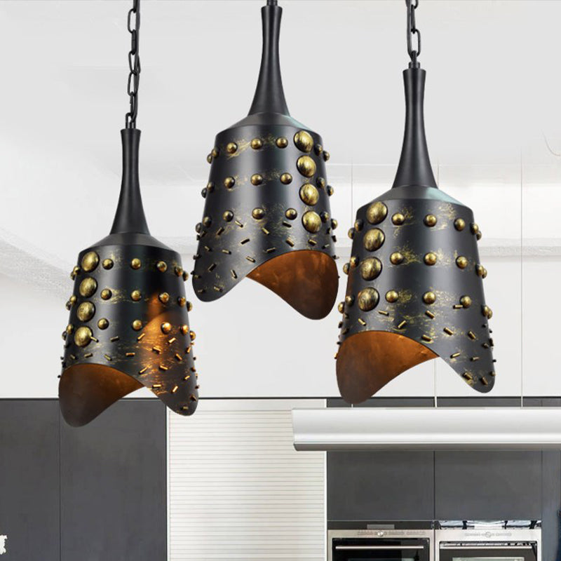 Cone Kitchen Cluster Pendant Factory Iron 3 Heads Black Hanging Ceiling Light with Ruffle Edge Clearhalo 'Ceiling Lights' 'Pendant Lights' 'Pendants' Lighting' 1454718