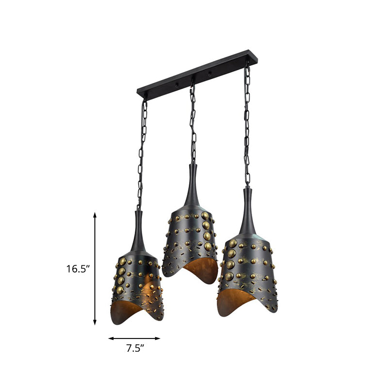 Cone Kitchen Cluster Pendant Factory Iron 3 Heads Black Hanging Ceiling Light with Ruffle Edge Clearhalo 'Ceiling Lights' 'Pendant Lights' 'Pendants' Lighting' 1454720
