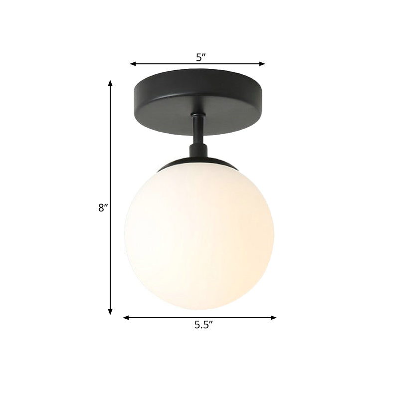 Single Bulb Corridor Ceiling Flush Simple Black Semi Flush Mount Light with Mini Spherical Milk Glass Shade Clearhalo 'Ceiling Lights' 'Close To Ceiling Lights' 'Close to ceiling' 'Glass shade' 'Glass' 'Semi-flushmount' Lighting' 1454788