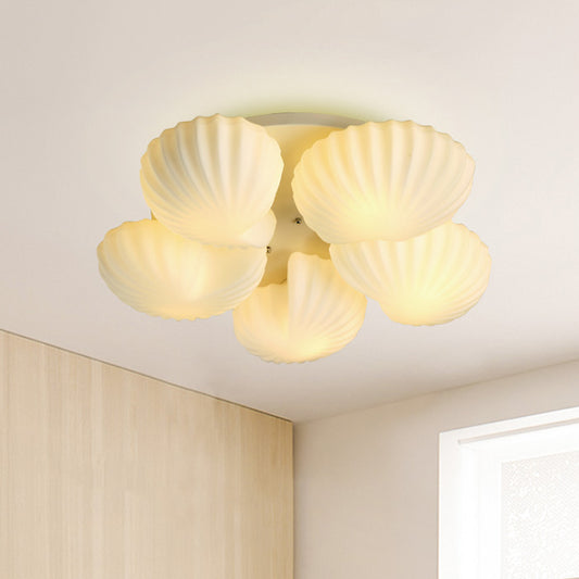 Contemporary 5-Light Ceiling Lamp Frosted White Glass Scallop Shell Semi Mount Lighting White Clearhalo 'Ceiling Lights' 'Close To Ceiling Lights' 'Close to ceiling' 'Flush mount' Lighting' 1454789