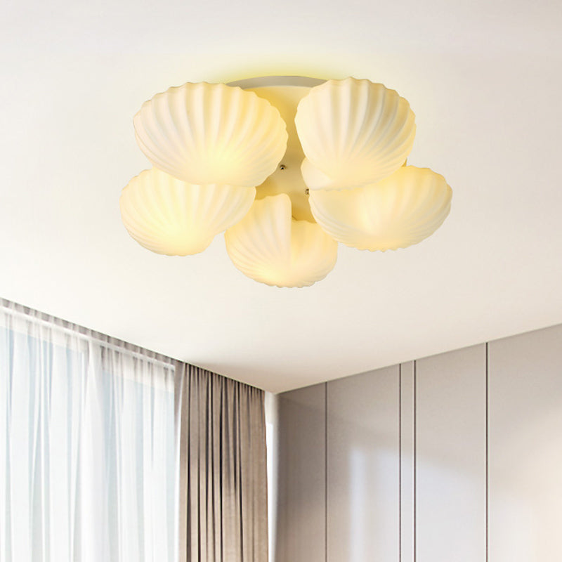 Contemporary 5-Light Ceiling Lamp Frosted White Glass Scallop Shell Semi Mount Lighting Clearhalo 'Ceiling Lights' 'Close To Ceiling Lights' 'Close to ceiling' 'Flush mount' Lighting' 1454790