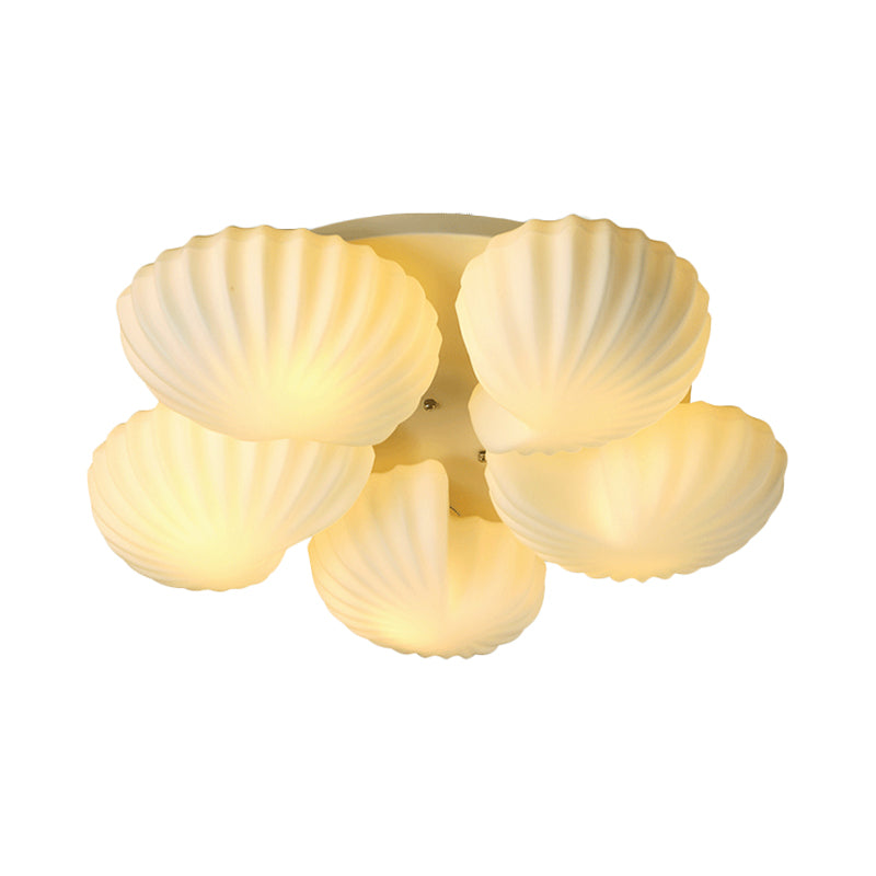 Contemporary 5-Light Ceiling Lamp Frosted White Glass Scallop Shell Semi Mount Lighting Clearhalo 'Ceiling Lights' 'Close To Ceiling Lights' 'Close to ceiling' 'Flush mount' Lighting' 1454791