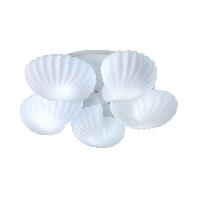 Contemporary 5-Light Ceiling Lamp Frosted White Glass Scallop Shell Semi Mount Lighting Clearhalo 'Ceiling Lights' 'Close To Ceiling Lights' 'Close to ceiling' 'Flush mount' Lighting' 1454792