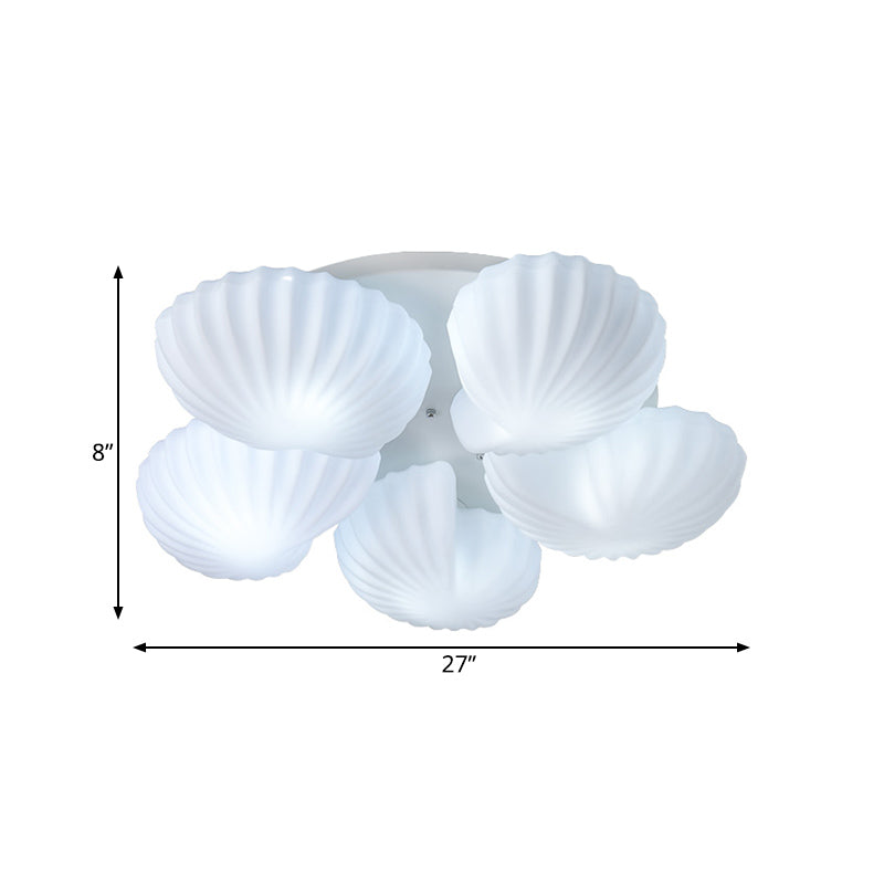 Contemporary 5-Light Ceiling Lamp Frosted White Glass Scallop Shell Semi Mount Lighting Clearhalo 'Ceiling Lights' 'Close To Ceiling Lights' 'Close to ceiling' 'Flush mount' Lighting' 1454793