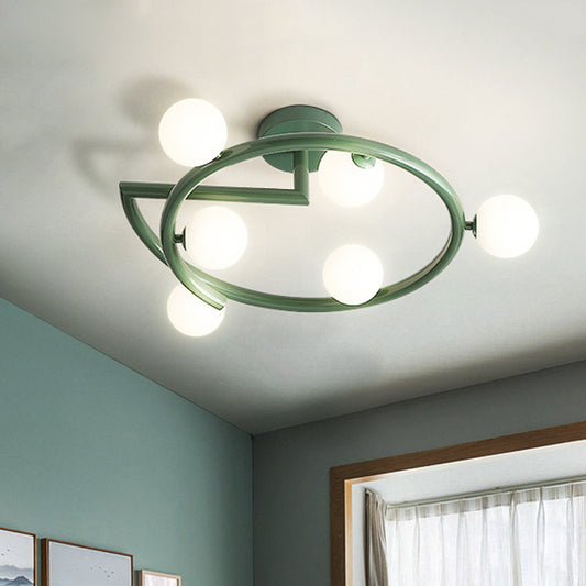 Milk Glass Bubble Flush Light Nordic 6 Heads Green Semi-Flush Ceiling Light with Swirled Arm Green Clearhalo 'Ceiling Lights' 'Close To Ceiling Lights' 'Close to ceiling' 'Glass shade' 'Glass' 'Semi-flushmount' Lighting' 1454794