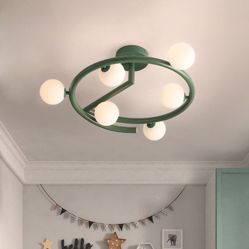 Milk Glass Bubble Flush Light Nordic 6 Heads Green Semi-Flush Ceiling Light with Swirled Arm Clearhalo 'Ceiling Lights' 'Close To Ceiling Lights' 'Close to ceiling' 'Glass shade' 'Glass' 'Semi-flushmount' Lighting' 1454795