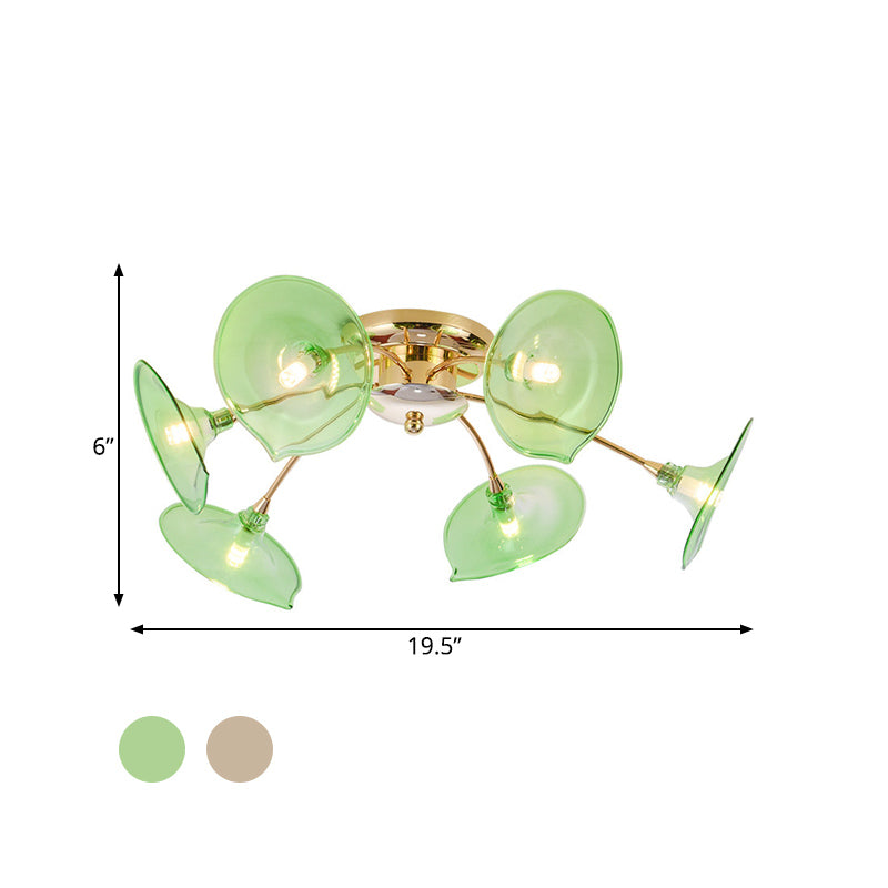 Vintage 6 Lights Ceiling Lamp Metal Brass Branchlet Semi-Flush Light Fixture with Flare Green/Cognac Glass Shade Clearhalo 'Ceiling Lights' 'Close To Ceiling Lights' 'Close to ceiling' 'Glass shade' 'Glass' 'Semi-flushmount' Lighting' 1454827