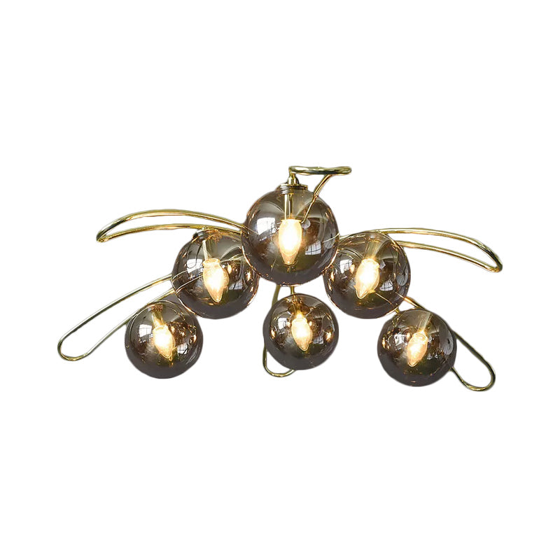 Smoke Glass Ball Flush Chandelier Mid Century 6 Lights Brass Ceiling Mount Lamp with Branch Design Clearhalo 'Ceiling Lights' 'Close To Ceiling Lights' 'Close to ceiling' 'Glass shade' 'Glass' 'Semi-flushmount' Lighting' 1454850