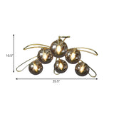 Smoke Glass Ball Flush Chandelier Mid Century 6 Lights Brass Ceiling Mount Lamp with Branch Design Clearhalo 'Ceiling Lights' 'Close To Ceiling Lights' 'Close to ceiling' 'Glass shade' 'Glass' 'Semi-flushmount' Lighting' 1454851