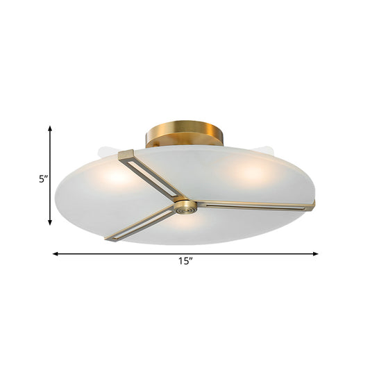 Retro Plate Frosted Glass Semi Flush 3 Bulbs Ceiling Mount Chandelier with Brass Band Clearhalo 'Ceiling Lights' 'Close To Ceiling Lights' 'Close to ceiling' 'Glass shade' 'Glass' 'Pendant Lights' 'Semi-flushmount' Lighting' 1454880