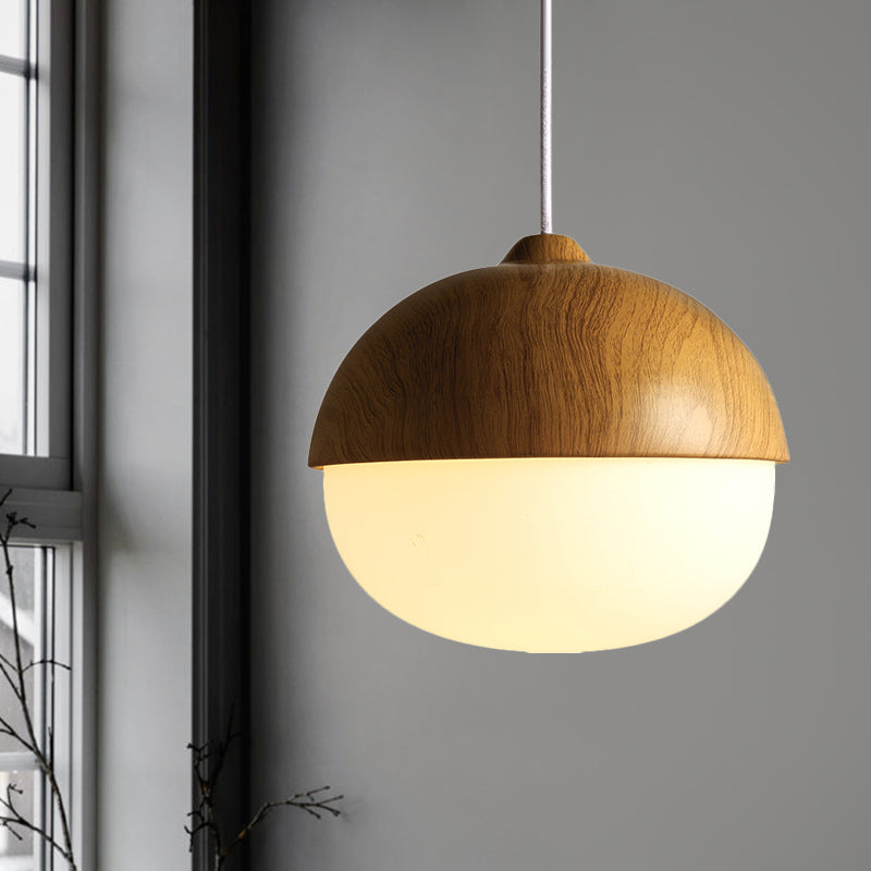 Simple Bowl Wooden Pendant Light Single Hanging Ceiling Light in Brown with Oval Ivory Glass Shade Brown Clearhalo 'Ceiling Lights' 'Glass shade' 'Glass' 'Modern Pendants' 'Modern' 'Pendant Lights' 'Pendants' Lighting' 1454902