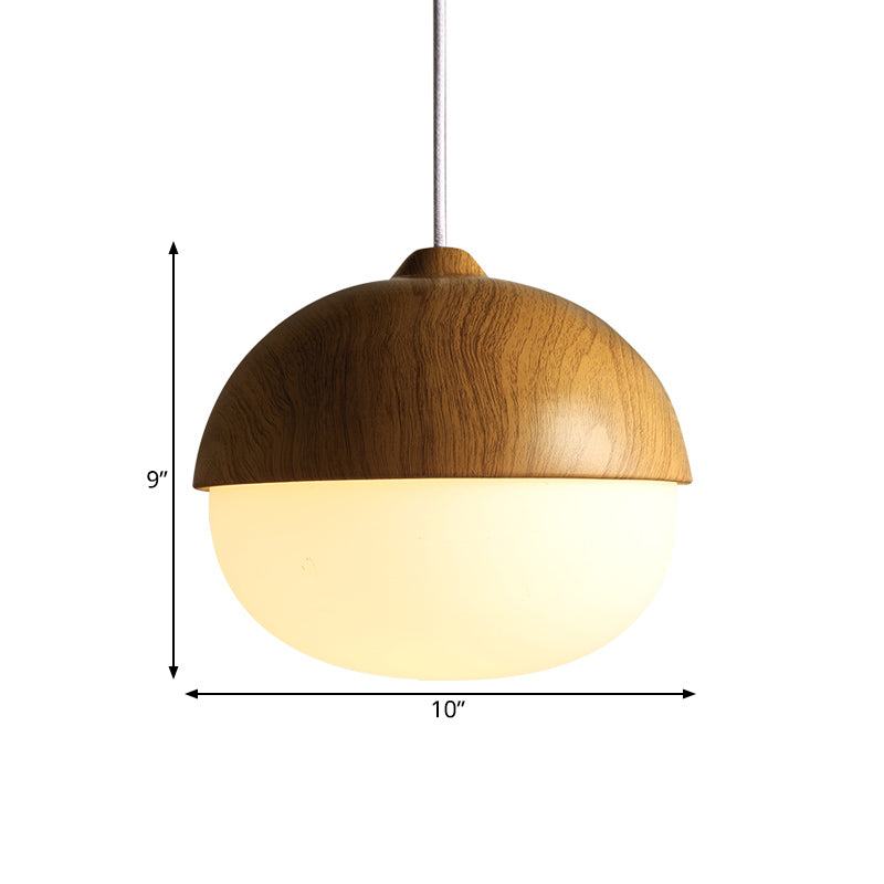 Simple Bowl Wooden Pendant Light Single Hanging Ceiling Light in Brown with Oval Ivory Glass Shade Clearhalo 'Ceiling Lights' 'Glass shade' 'Glass' 'Modern Pendants' 'Modern' 'Pendant Lights' 'Pendants' Lighting' 1454906