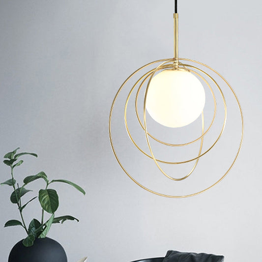 Moveable Wire Cage Pendulum Light Simple Novelty Metal 1 Bulb Gold Hanging Pendant with Ball Opal Glass Shade Gold Clearhalo 'Ceiling Lights' 'Glass shade' 'Glass' 'Modern Pendants' 'Modern' 'Pendant Lights' 'Pendants' Lighting' 1454912