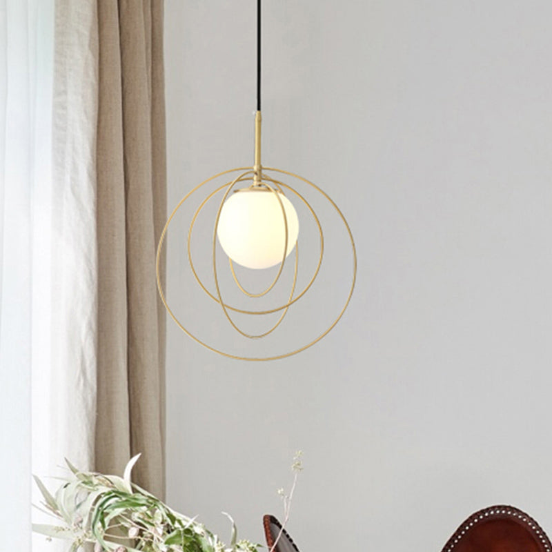 Moveable Wire Cage Pendulum Light Simple Novelty Metal 1 Bulb Gold Hanging Pendant with Ball Opal Glass Shade Clearhalo 'Ceiling Lights' 'Glass shade' 'Glass' 'Modern Pendants' 'Modern' 'Pendant Lights' 'Pendants' Lighting' 1454914