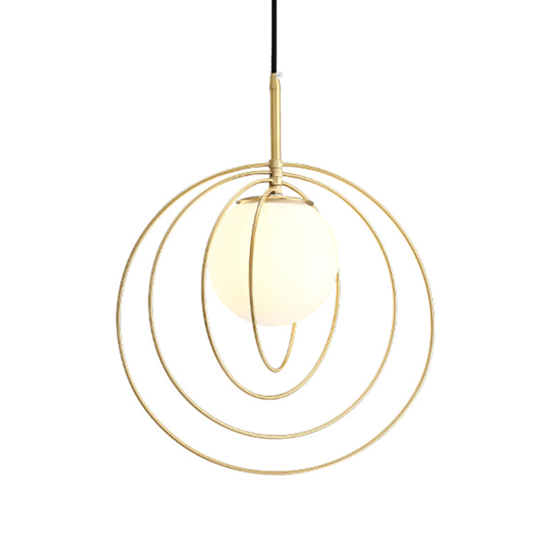 Moveable Wire Cage Pendulum Light Simple Novelty Metal 1 Bulb Gold Hanging Pendant with Ball Opal Glass Shade Clearhalo 'Ceiling Lights' 'Glass shade' 'Glass' 'Modern Pendants' 'Modern' 'Pendant Lights' 'Pendants' Lighting' 1454915