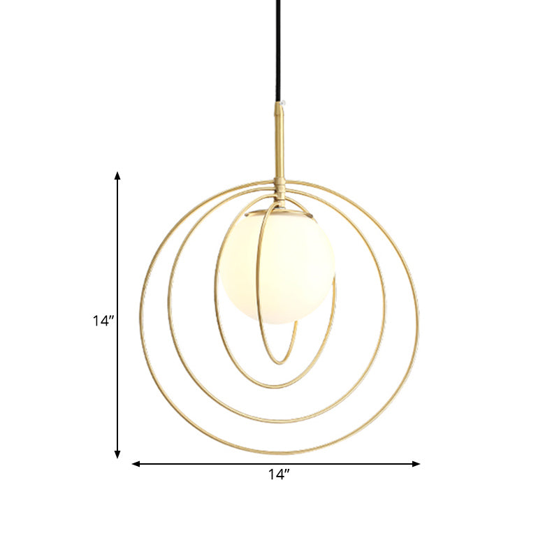 Moveable Wire Cage Pendulum Light Simple Novelty Metal 1 Bulb Gold Hanging Pendant with Ball Opal Glass Shade Clearhalo 'Ceiling Lights' 'Glass shade' 'Glass' 'Modern Pendants' 'Modern' 'Pendant Lights' 'Pendants' Lighting' 1454916