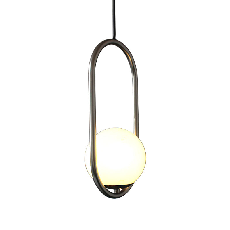 Chrome Oblong Suspension Pendant Minimalism 1-Light Iron Hanging Light with Orb White Glass Shade Clearhalo 'Ceiling Lights' 'Glass shade' 'Glass' 'Modern Pendants' 'Modern' 'Pendant Lights' 'Pendants' Lighting' 1454920