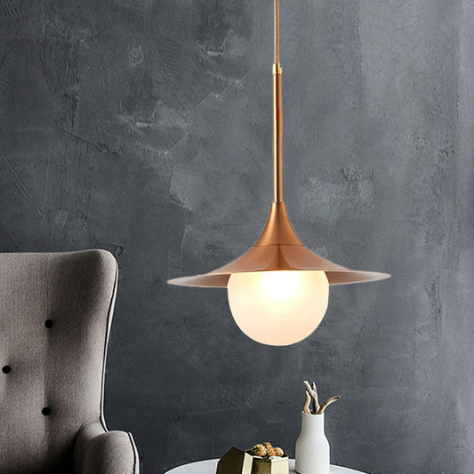 Flared Pendant Lighting Simple Metal Single Living Room Hanging Light Fixture with Orb Milk Glass Insert Gold Clearhalo 'Ceiling Lights' 'Glass shade' 'Glass' 'Modern Pendants' 'Modern' 'Pendant Lights' 'Pendants' Lighting' 1454922