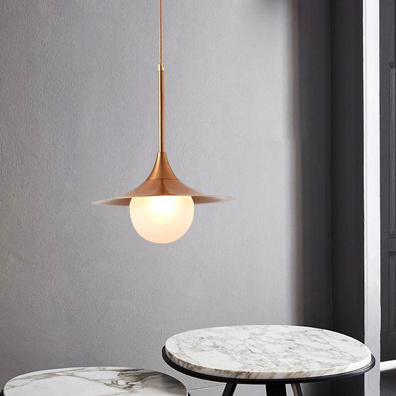 Flared Pendant Lighting Simple Metal Single Living Room Hanging Light Fixture with Orb Milk Glass Insert Clearhalo 'Ceiling Lights' 'Glass shade' 'Glass' 'Modern Pendants' 'Modern' 'Pendant Lights' 'Pendants' Lighting' 1454924