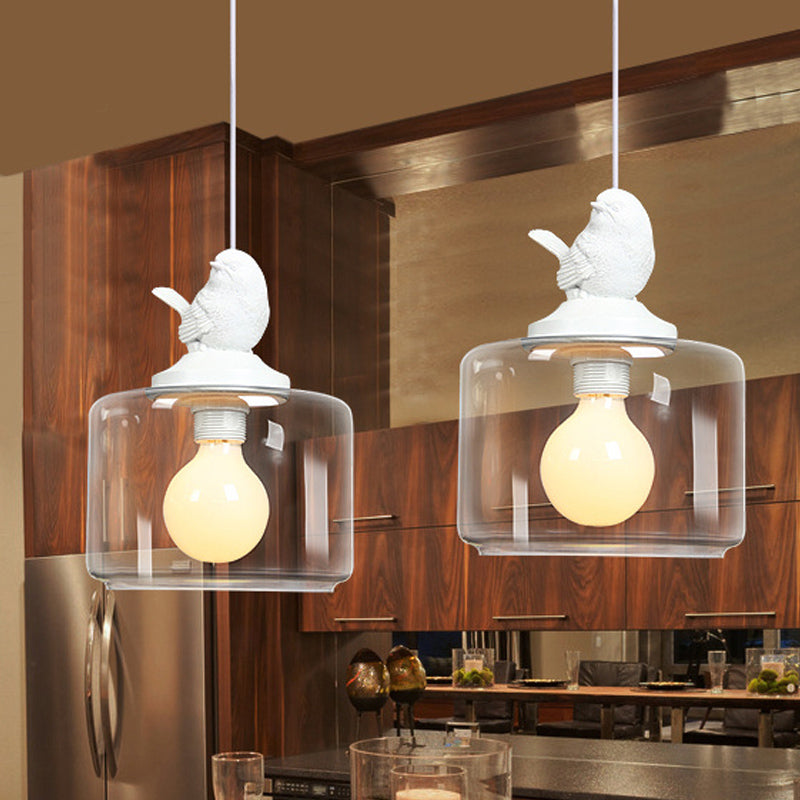 Drum Shaped Dinette Pendant Lamp Clear Glass 1 Bulb Modern Hanging Lamp Kit with White Bird Top Clear Clearhalo 'Ceiling Lights' 'Glass shade' 'Glass' 'Modern Pendants' 'Modern' 'Pendant Lights' 'Pendants' Lighting' 1454937