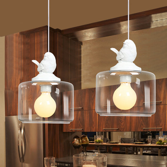 Drum Shaped Dinette Pendant Lamp Clear Glass 1 Bulb Modern Hanging Lamp Kit with White Bird Top Clear Clearhalo 'Ceiling Lights' 'Glass shade' 'Glass' 'Modern Pendants' 'Modern' 'Pendant Lights' 'Pendants' Lighting' 1454937