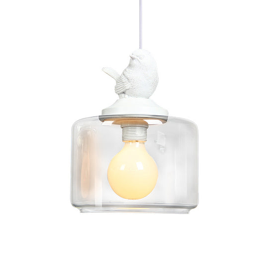 Drum Shaped Dinette Pendant Lamp Clear Glass 1 Bulb Modern Hanging Lamp Kit with White Bird Top Clearhalo 'Ceiling Lights' 'Glass shade' 'Glass' 'Modern Pendants' 'Modern' 'Pendant Lights' 'Pendants' Lighting' 1454940