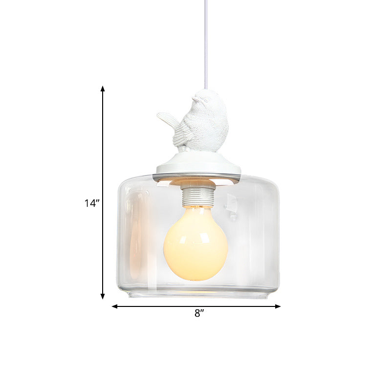 Drum Shaped Dinette Pendant Lamp Clear Glass 1 Bulb Modern Hanging Lamp Kit with White Bird Top Clearhalo 'Ceiling Lights' 'Glass shade' 'Glass' 'Modern Pendants' 'Modern' 'Pendant Lights' 'Pendants' Lighting' 1454941