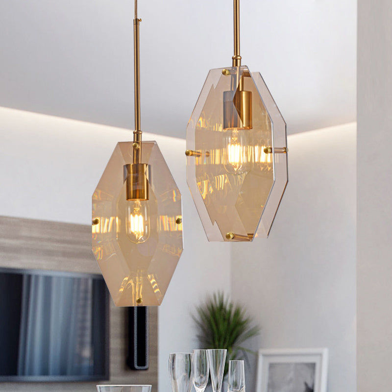 Double Diamond Sheet Ceiling Pendant Mid-Century Amber Glass 1 Bulb Bedside Hanging Light in Brass Amber Clearhalo 'Ceiling Lights' 'Glass shade' 'Glass' 'Modern Pendants' 'Modern' 'Pendant Lights' 'Pendants' Lighting' 1454976