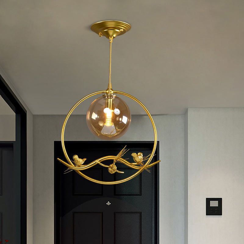 Brass Ring Hanging Pendant Mid-Century Single Bulb Metal Ceiling Lamp with Amber/Smoke Grey Glass Shade and Bird Deco Clearhalo 'Ceiling Lights' 'Glass shade' 'Glass' 'Modern Pendants' 'Modern' 'Pendant Lights' 'Pendants' Lighting' 1455011