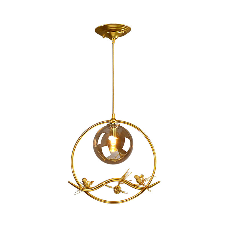 Brass Ring Hanging Pendant Mid-Century Single Bulb Metal Ceiling Lamp with Amber/Smoke Grey Glass Shade and Bird Deco Clearhalo 'Ceiling Lights' 'Glass shade' 'Glass' 'Modern Pendants' 'Modern' 'Pendant Lights' 'Pendants' Lighting' 1455013