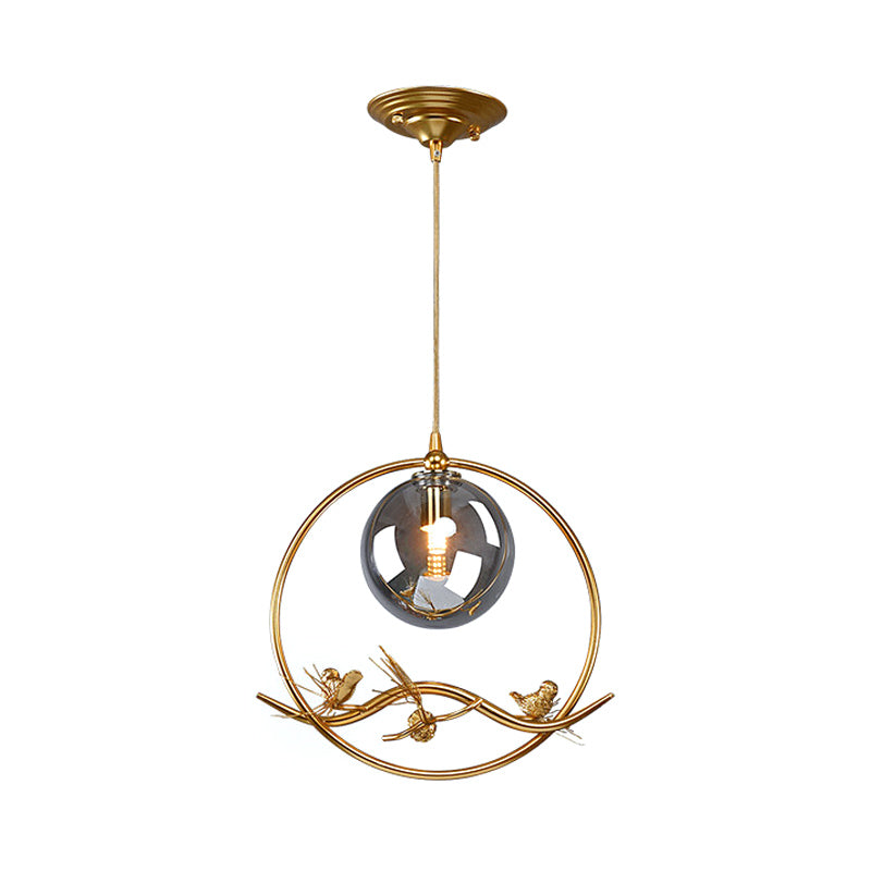 Brass Ring Hanging Pendant Mid-Century Single Bulb Metal Ceiling Lamp with Amber/Smoke Grey Glass Shade and Bird Deco Clearhalo 'Ceiling Lights' 'Glass shade' 'Glass' 'Modern Pendants' 'Modern' 'Pendant Lights' 'Pendants' Lighting' 1455017