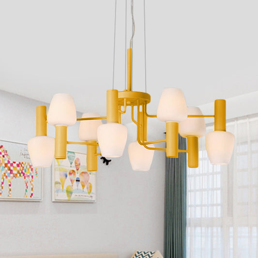 8 Bulbs Lounge Ceiling Chandelier Macaron Pink/Yellow/Blue Hanging Lamp with Up Down Bottle Milk Glass Shade Yellow Clearhalo 'Ceiling Lights' 'Chandeliers' 'Modern Chandeliers' 'Modern' Lighting' 1455107