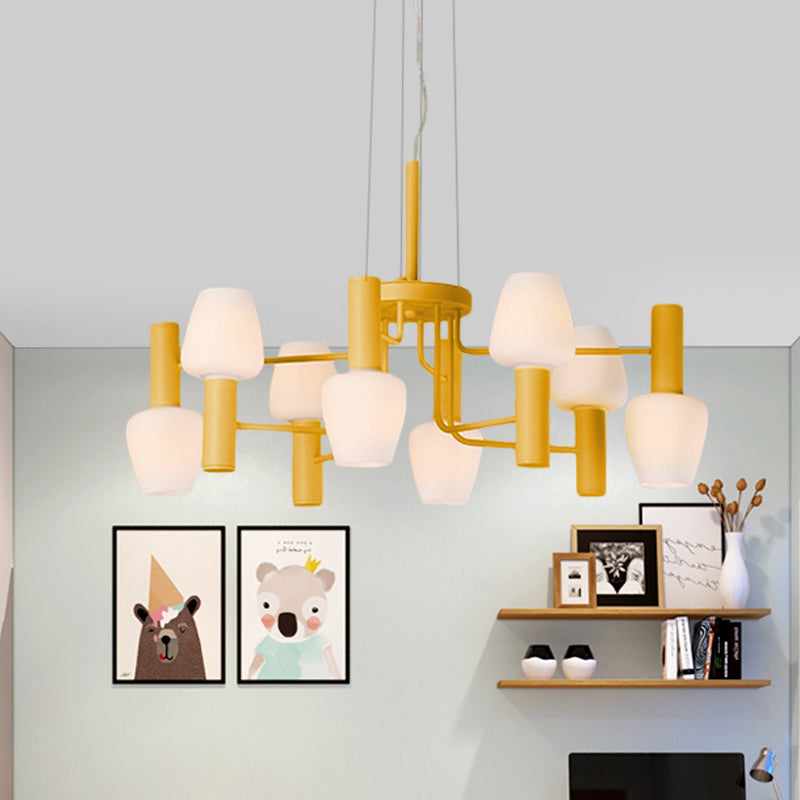 8 Bulbs Lounge Ceiling Chandelier Macaron Pink/Yellow/Blue Hanging Lamp with Up Down Bottle Milk Glass Shade Clearhalo 'Ceiling Lights' 'Chandeliers' 'Modern Chandeliers' 'Modern' Lighting' 1455108