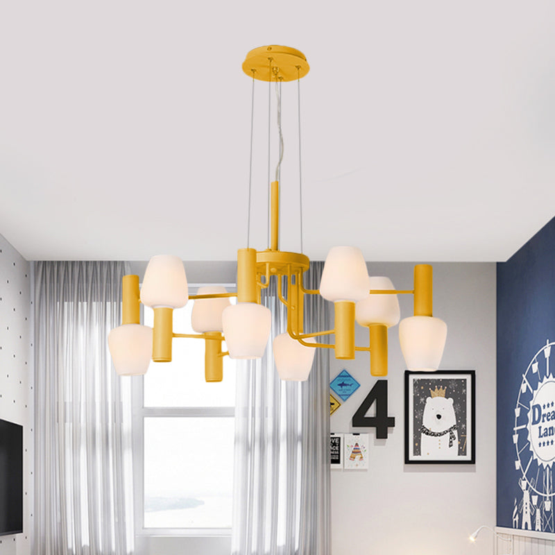 8 Bulbs Lounge Ceiling Chandelier Macaron Pink/Yellow/Blue Hanging Lamp with Up Down Bottle Milk Glass Shade Clearhalo 'Ceiling Lights' 'Chandeliers' 'Modern Chandeliers' 'Modern' Lighting' 1455109