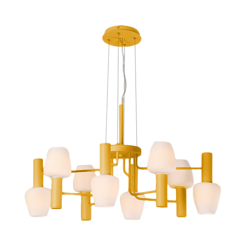 8 Bulbs Lounge Ceiling Chandelier Macaron Pink/Yellow/Blue Hanging Lamp with Up Down Bottle Milk Glass Shade Clearhalo 'Ceiling Lights' 'Chandeliers' 'Modern Chandeliers' 'Modern' Lighting' 1455110